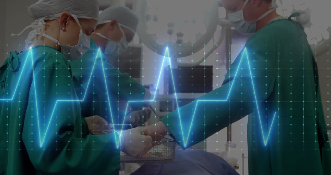 Surgeons in Operating Room with Overlay of ECG Heartbeat Line