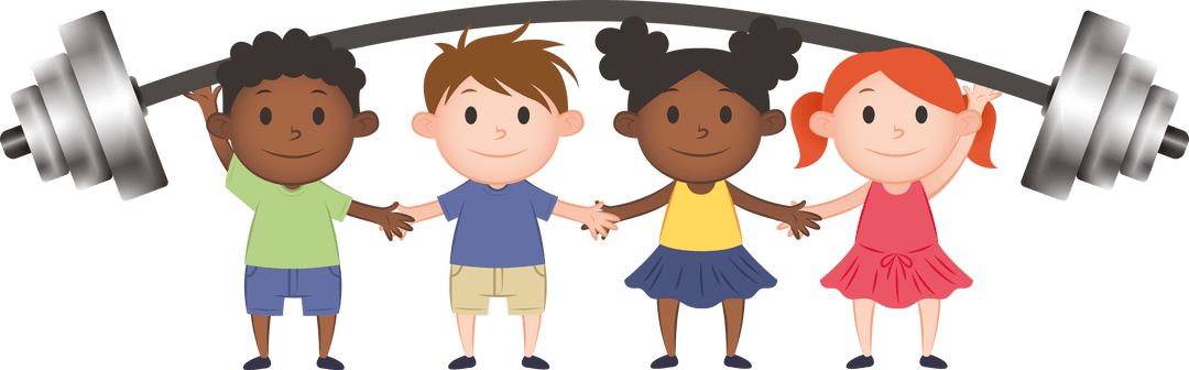 Diverse Kids Lifting Dumbbell Symbolizing Teamwork and Friendship Transparent