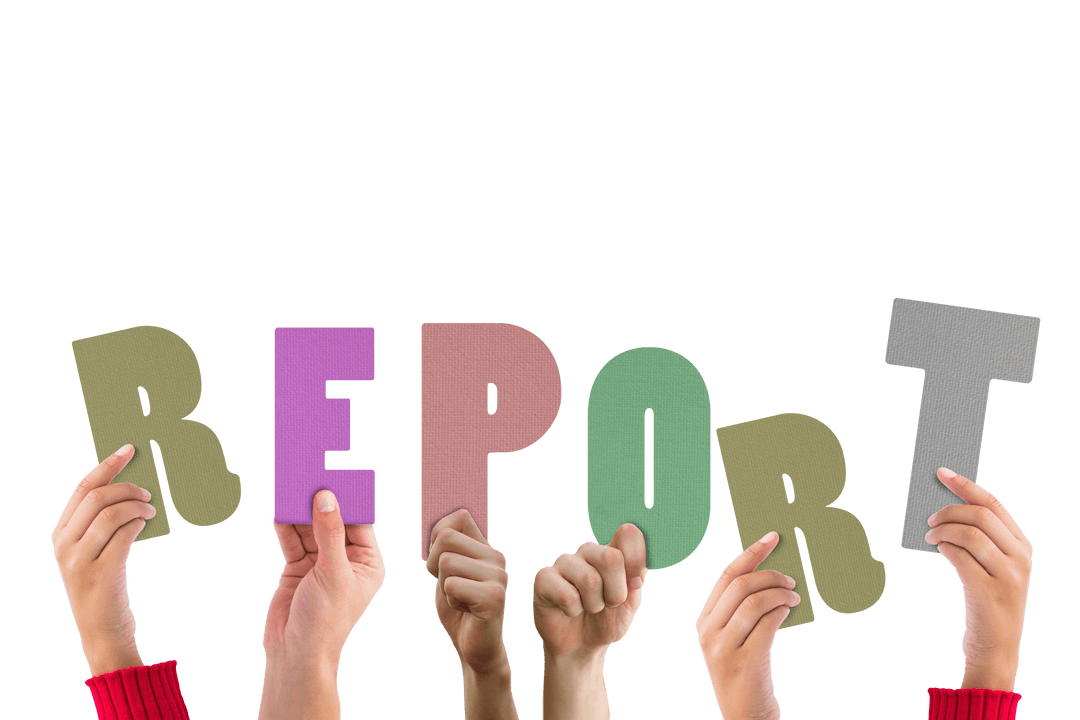 Hands Holding Colorful Report Text on Transparent Background