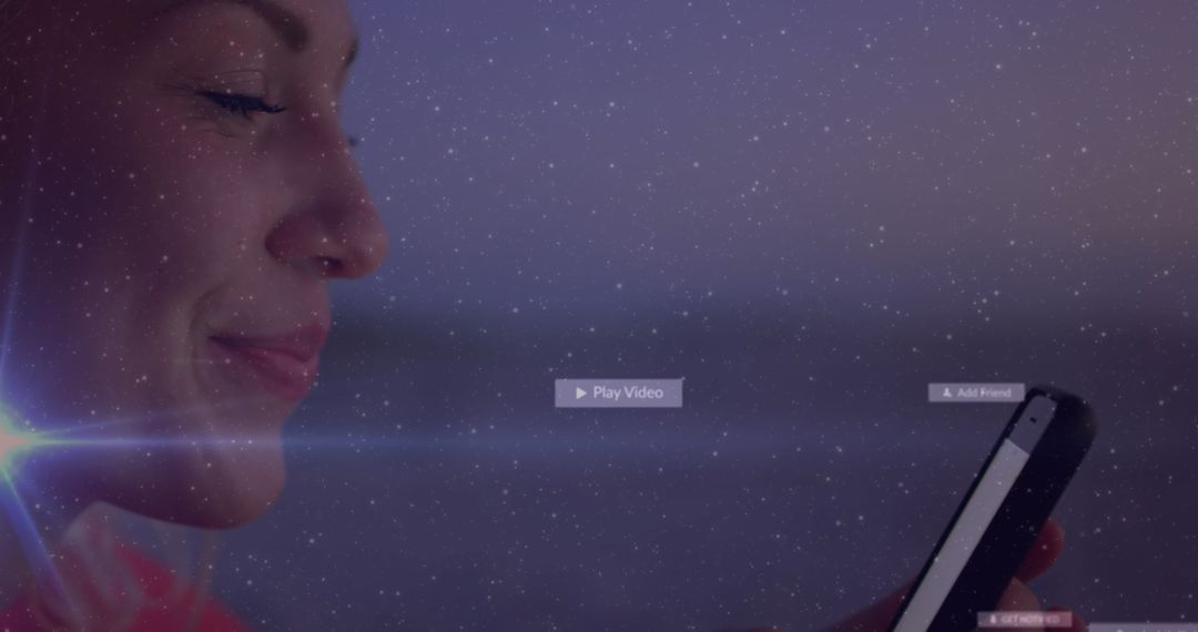 Woman Using Smartphone with Social Media Interface Overlay