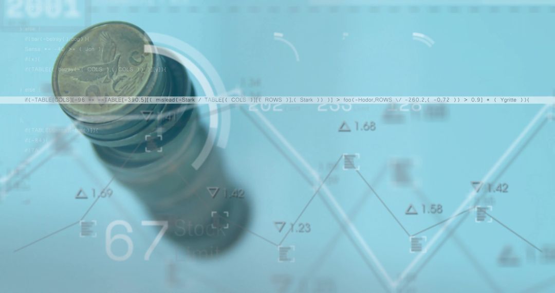 Stack of Euro Coins with Financial Charts in Digital Overlay