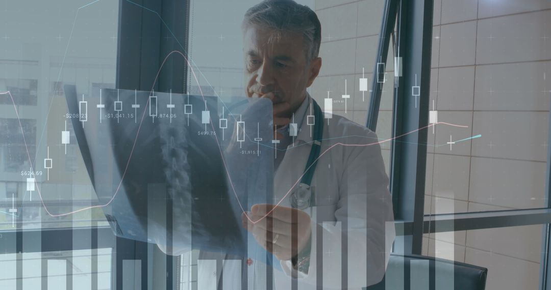 Doctor Analyzing X-ray with Financial Chart Overlay