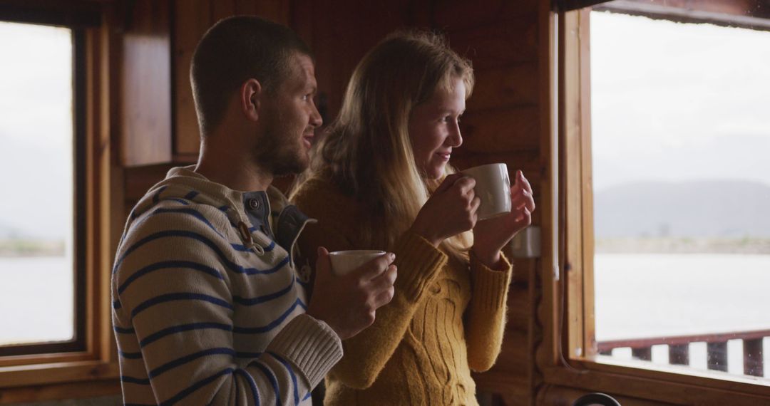 Caucasian Couple Enjoying Tea in Cozy Log Cabin with Scenic View - Free Images, Stock Photos and Pictures on Pikwizard.com