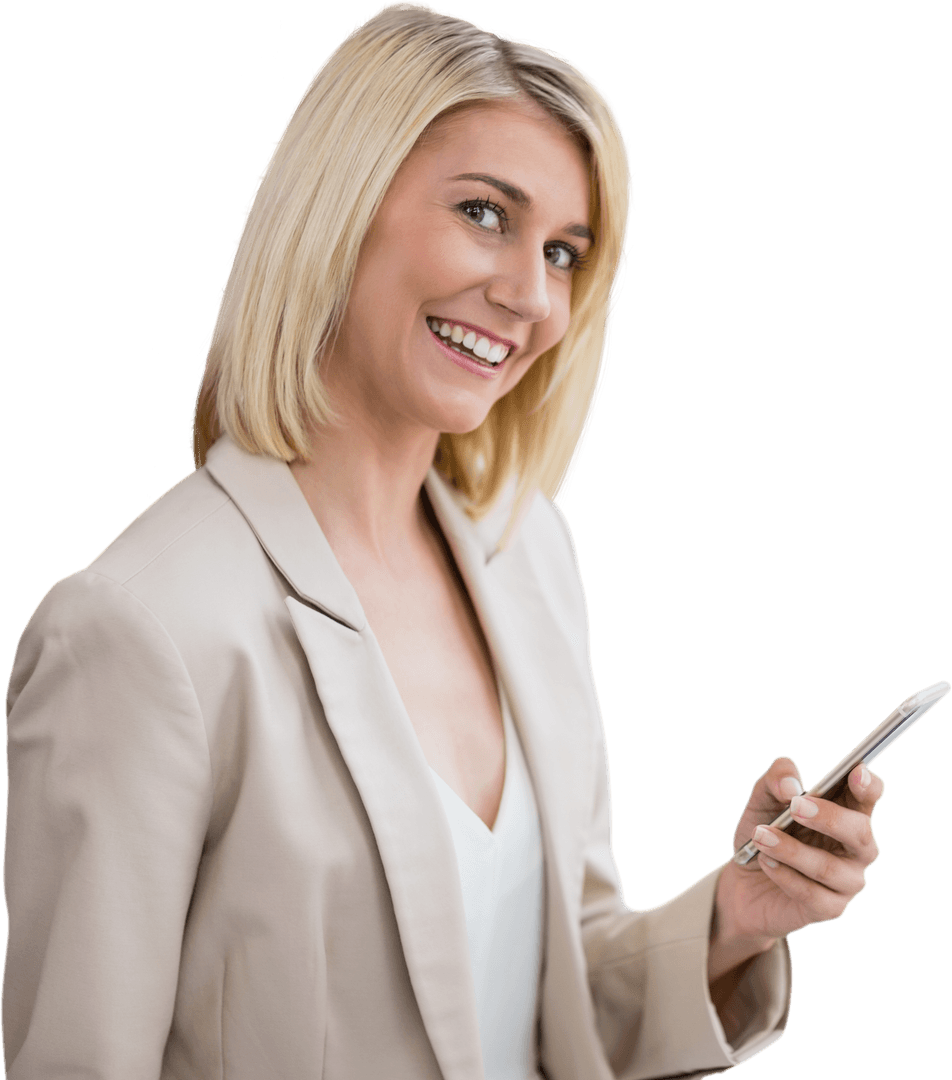 Transparent Background Businesswoman Smiling Using Smartphone