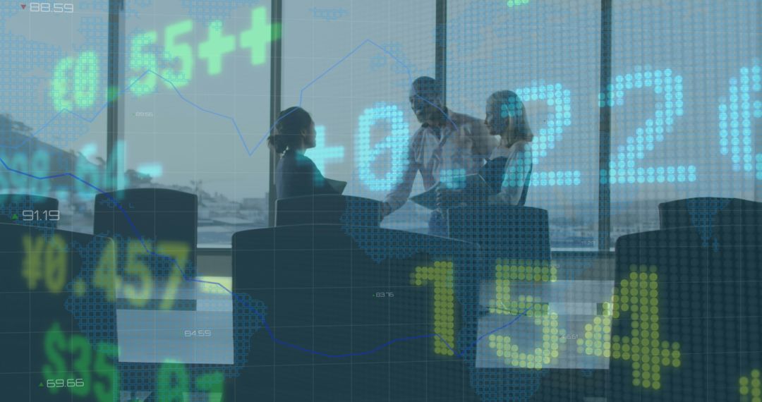 Financial Data Overlay with Business Team Discussing Strategy