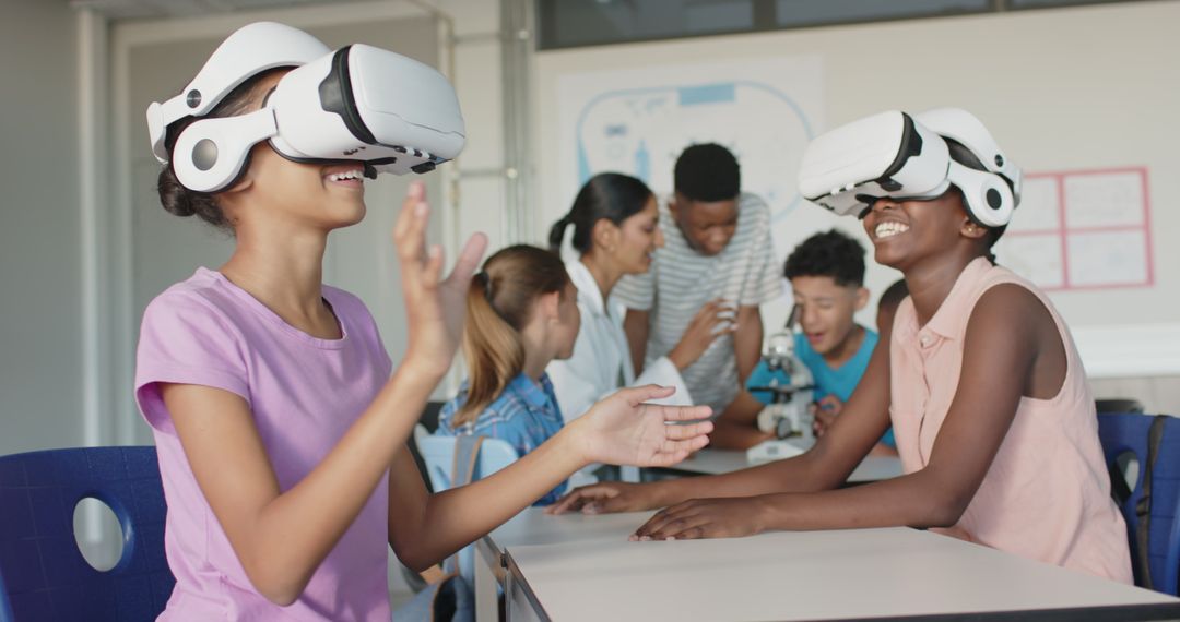 Kids Learning with Virtual Reality Headsets in Classroom