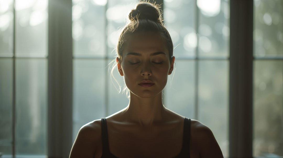 Meditating woman in soft backlight at mullioned window practicing mindfulness and inner calm