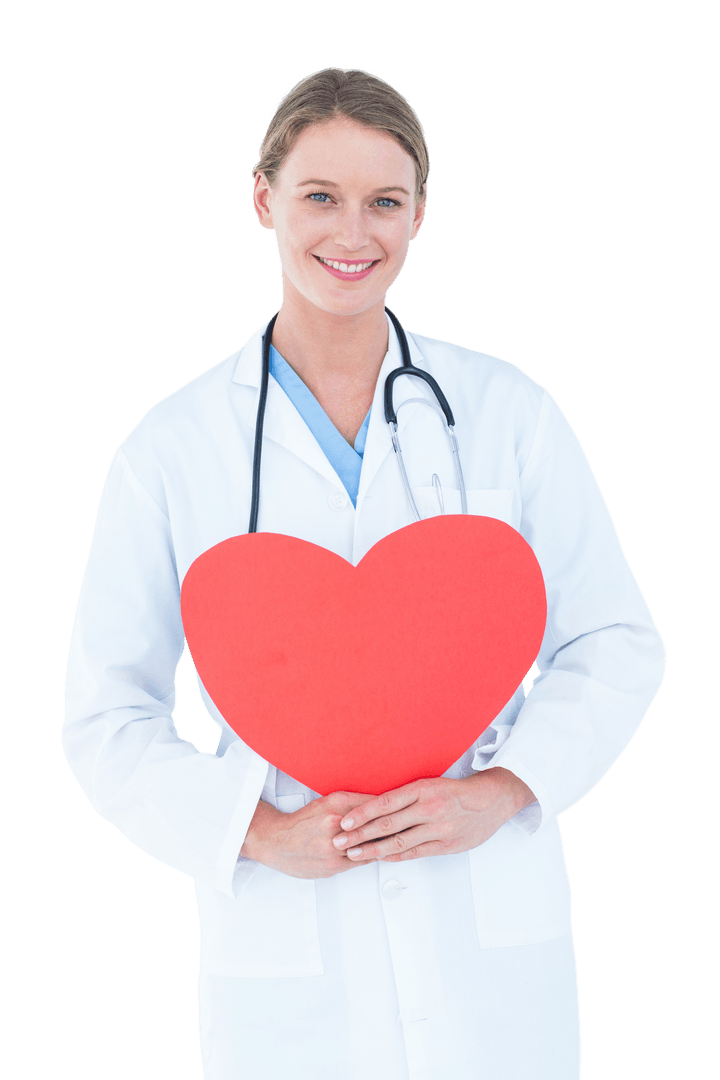 Smiling Doctor Holding Red Heart Has Transparent Background