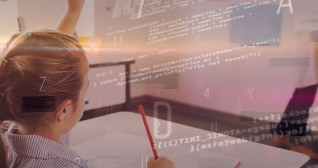 Child Learning with Technology Overlay Showcasing Programming Concept