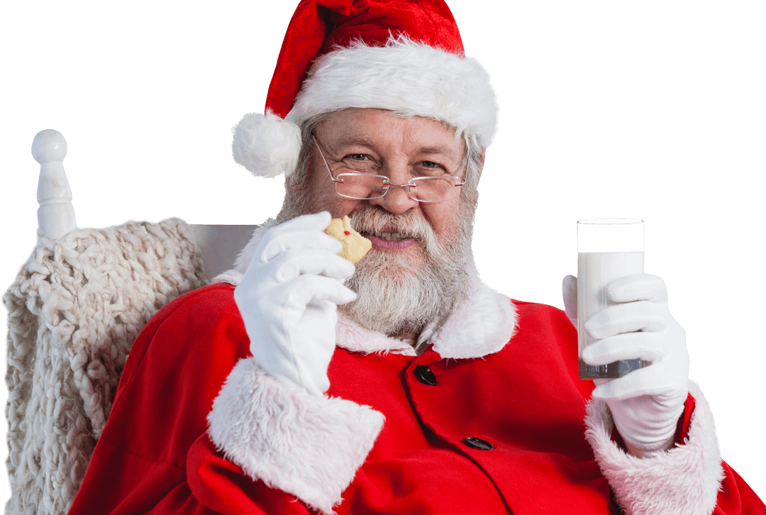 Transparent Santa Claus Jubilantly Enjoying Milk And Cookie