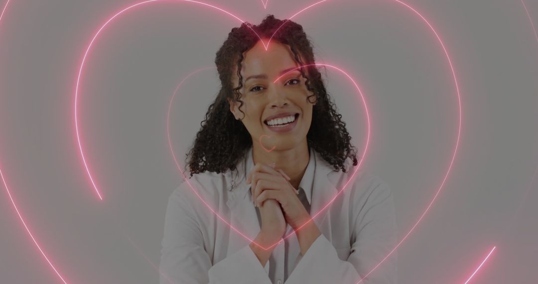 Smiling Medical Professional Surrounded by Neon Hearts