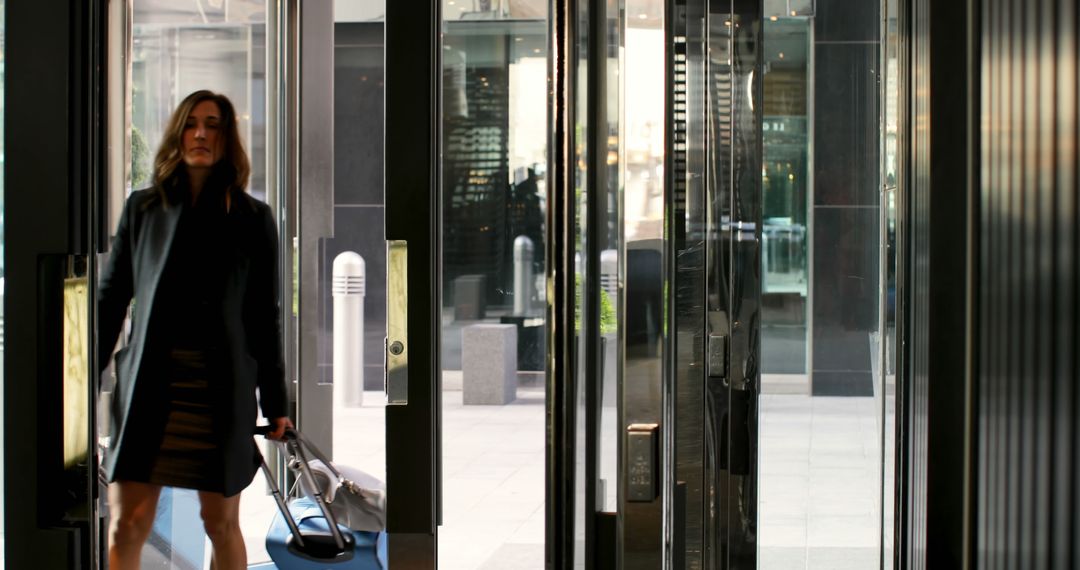 Businesswoman Entering Modern Office Building with Luggage - Free Images, Stock Photos and Pictures on Pikwizard.com