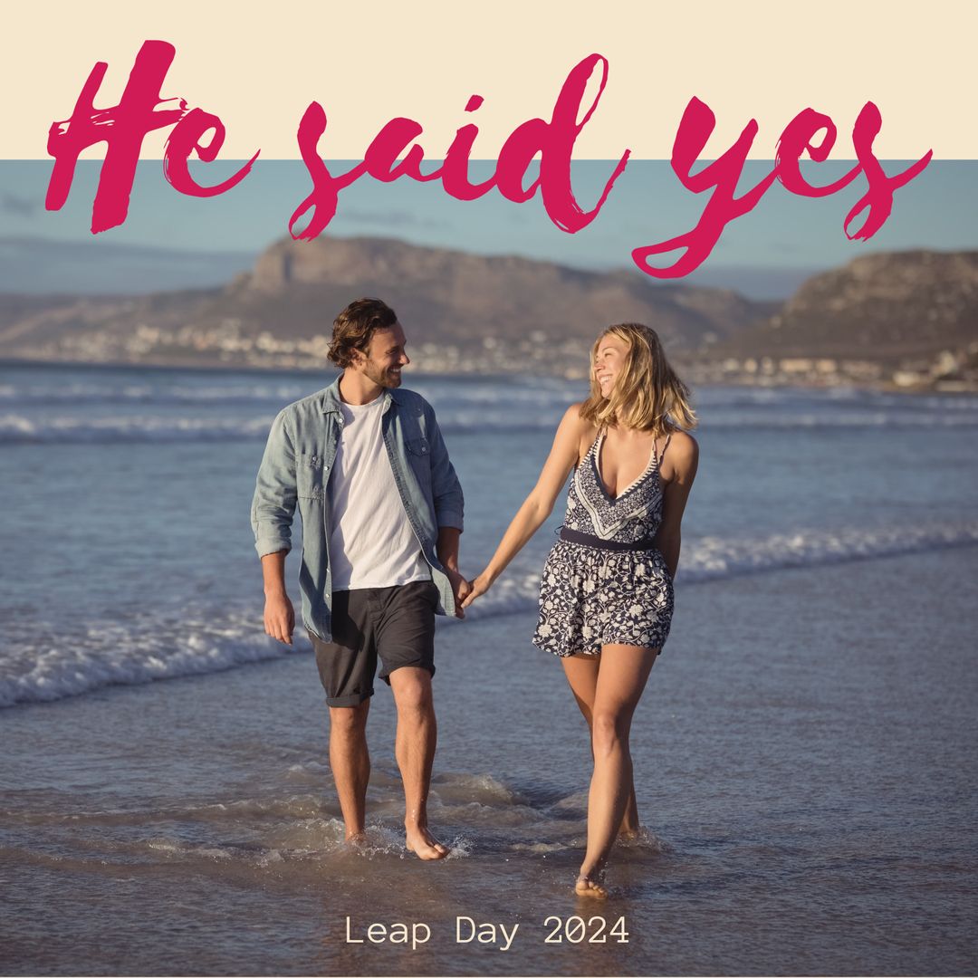 Joyful Couple Celebrating Beach Engagement Proposal - Download Free Stock Templates Pikwizard.com