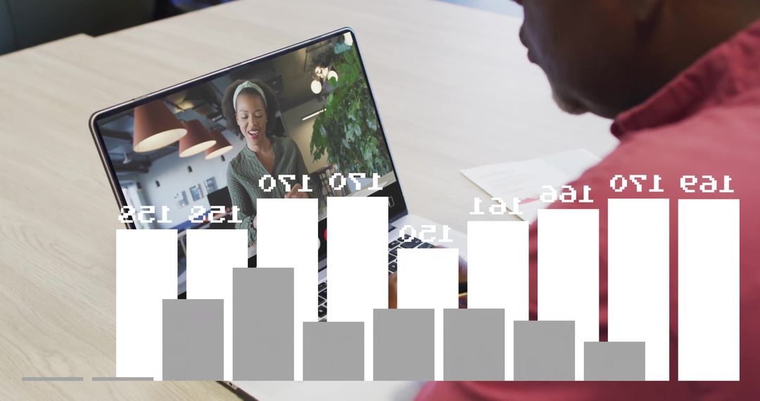 Senior Man Engaged in Virtual Team Meeting with Analytics Overlay