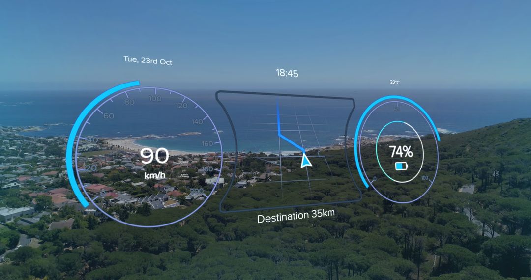 Digital Dashboard over Coastal Landscape with Electric Vehicle Interface