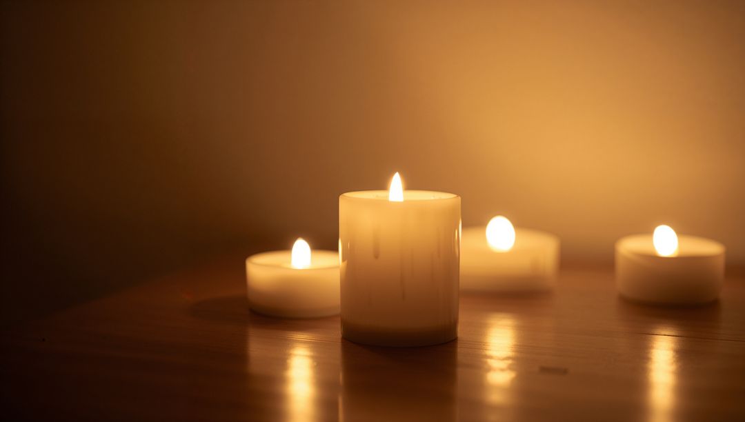 Glowing pillar candle casting warm reflection with tealight bokeh for cozy interiors