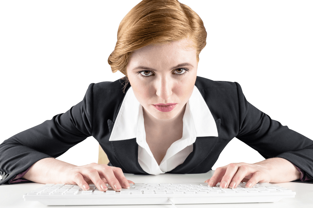 Focused Redhead Businesswoman Typing on Transparent Background