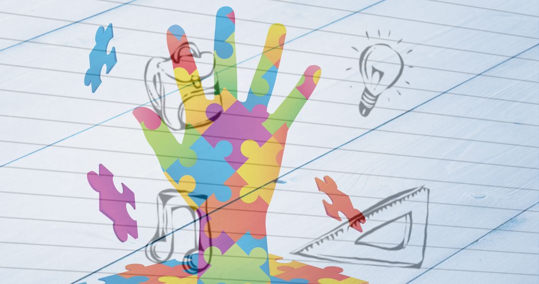 Colorful Puzzle Hand on School Notes Background