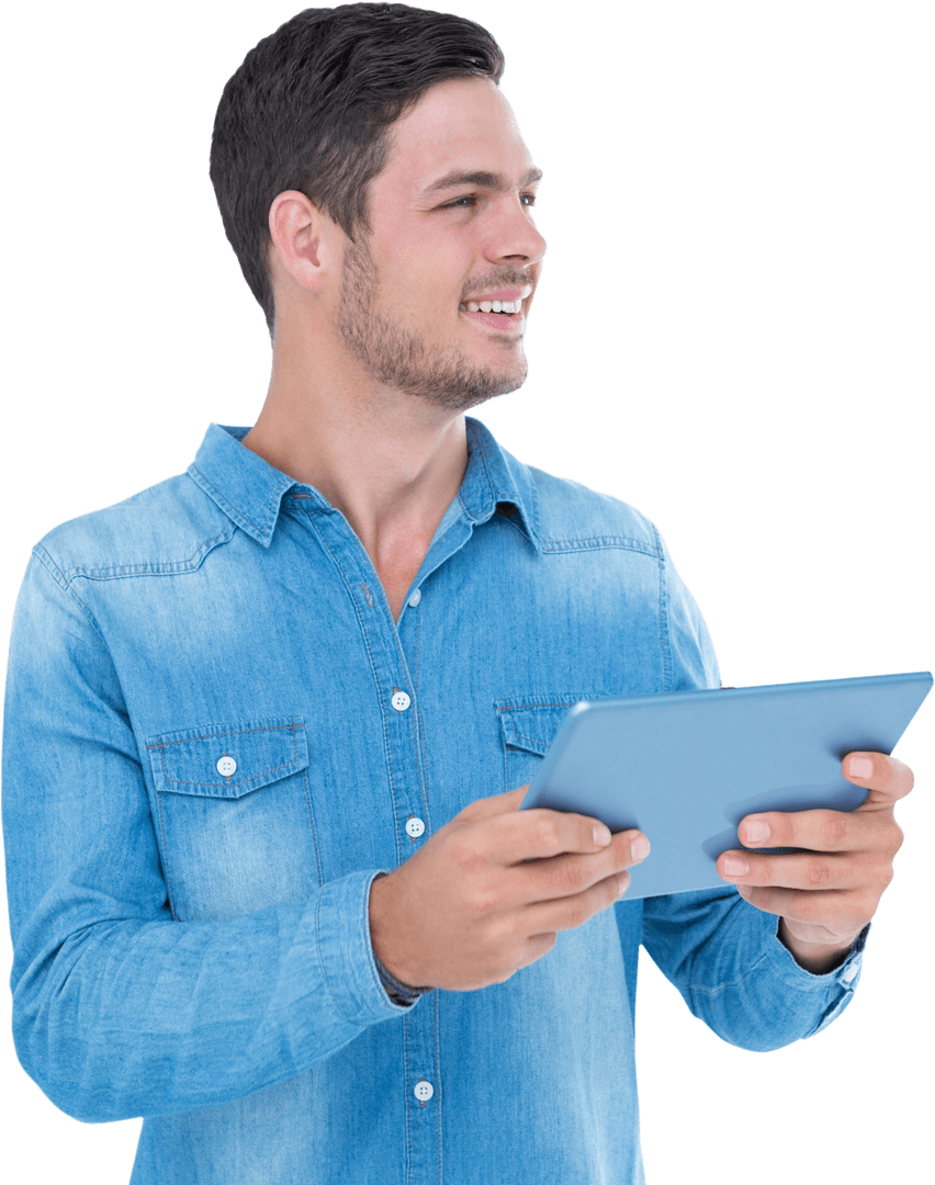 Smiling Handsome Man Holding Tablet Transparent Background