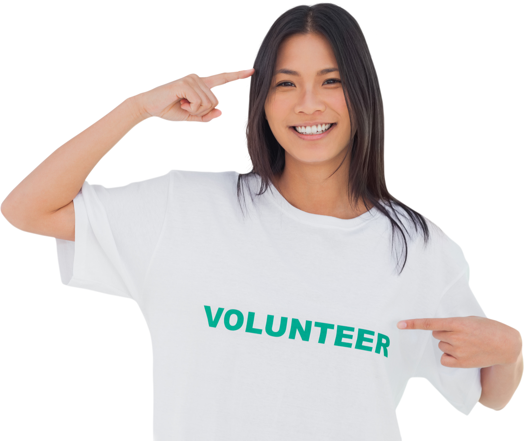 Smiling Woman Pointing at Volunteer Shirt on Transparent Background - Download Free Stock Images Pikwizard.com