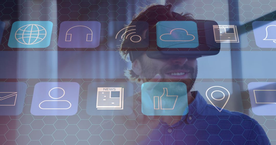 Caucasian Man Experiencing VR with Futuristic Icons Overlay