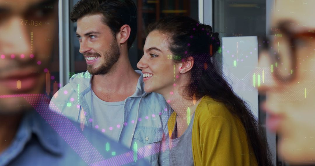 Smiling Team with Financial Data Overlay in Modern Office