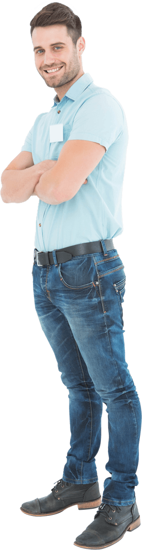 Smiling Delivery Man Standing with Arms Crossed on Transparent Background