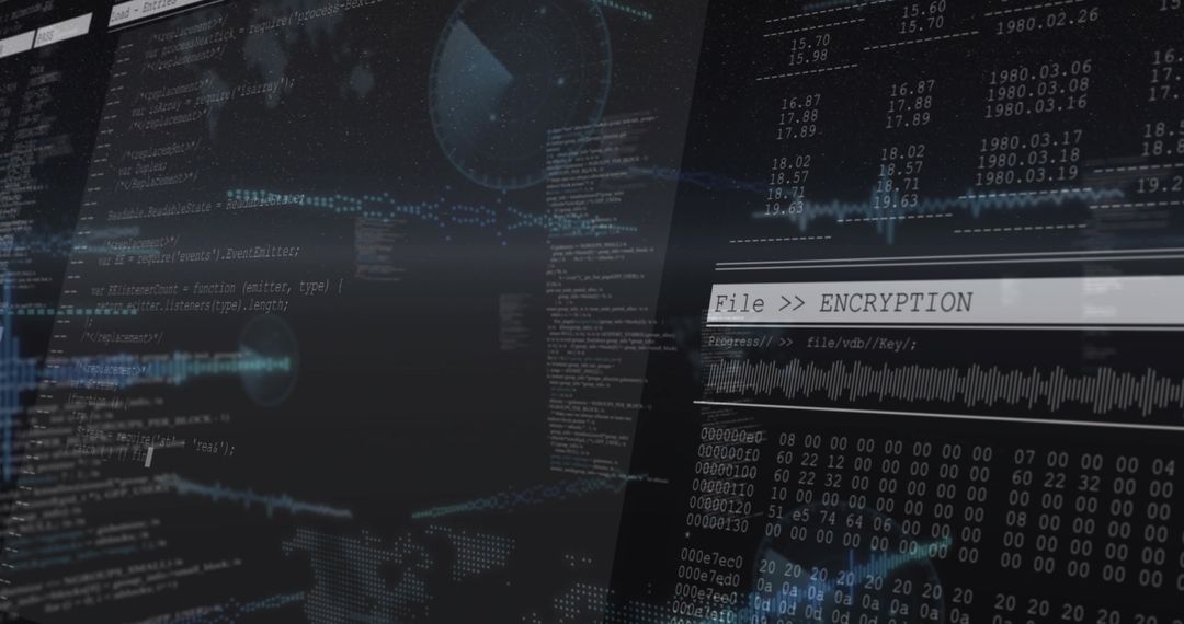Cybersecurity dashboard displaying encryption, hex data, waveform and radar analytics