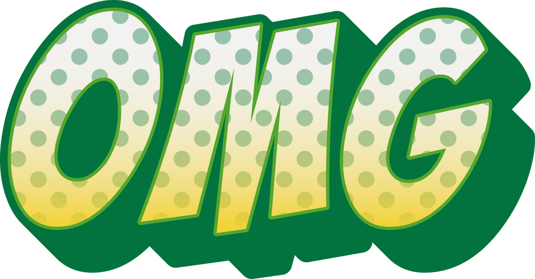 Retro Comic Book Style Text 'OMG' in Green and Yellow with Transparent Background
