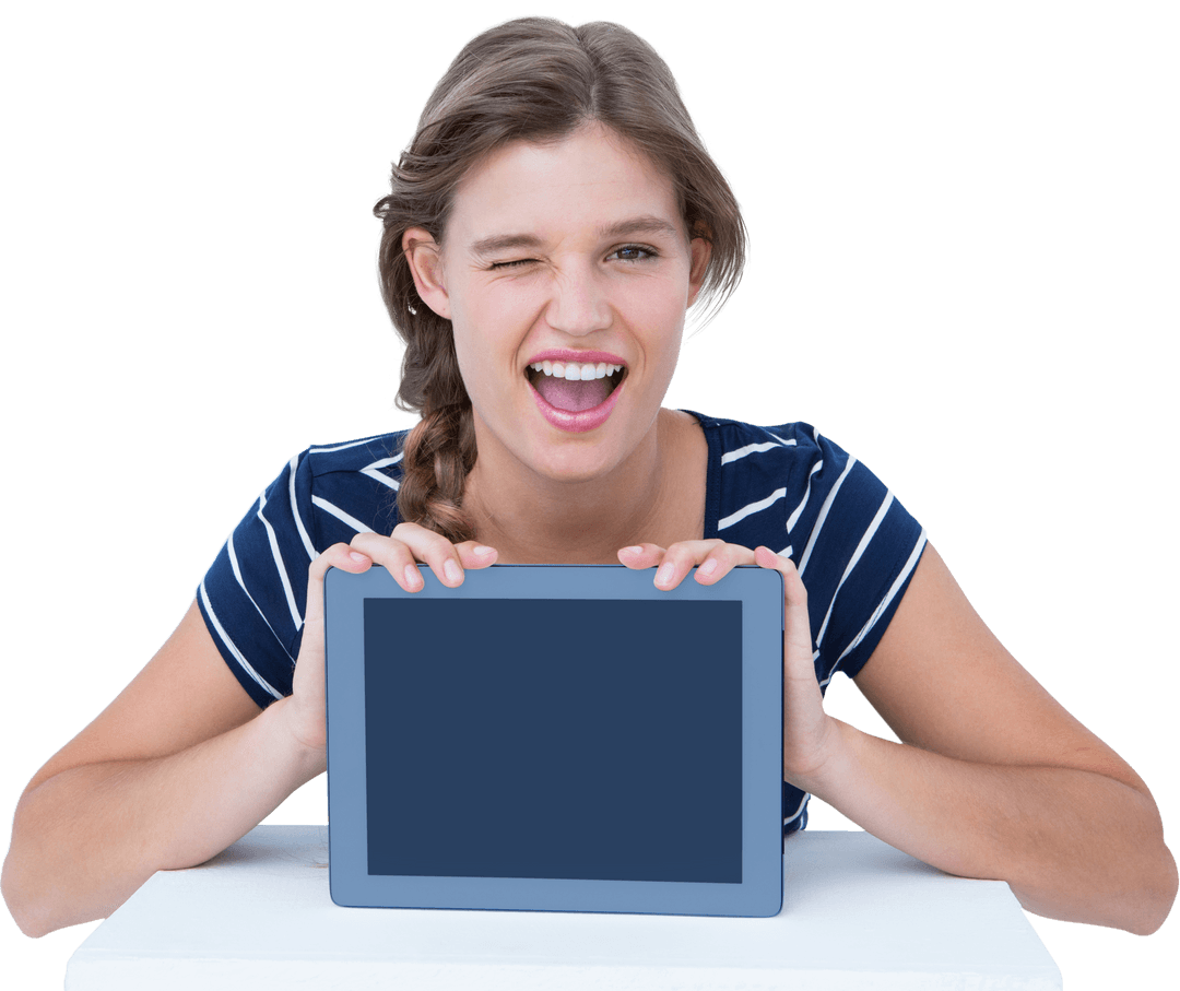 Smiling Woman Holding Tablet with Blank Screen on Transparent Background