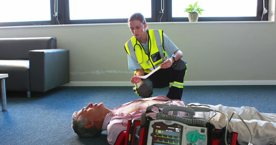 Paramedic performing emergency procedure on man with defibrillator - Free Images, Stock Photos and Pictures on Pikwizard.com