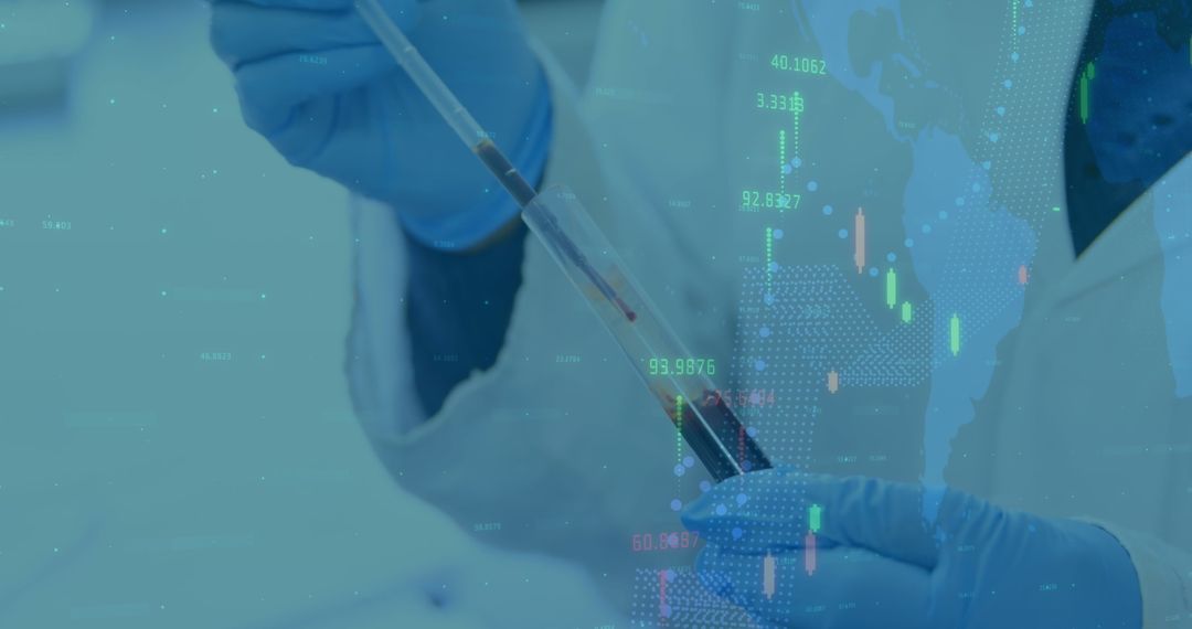 Scientist Testing Lab Sample with Digital Global Data Overlay