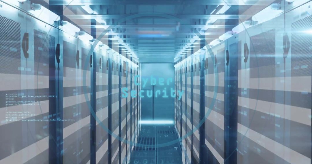 Server Room with Cybersecurity Overlay