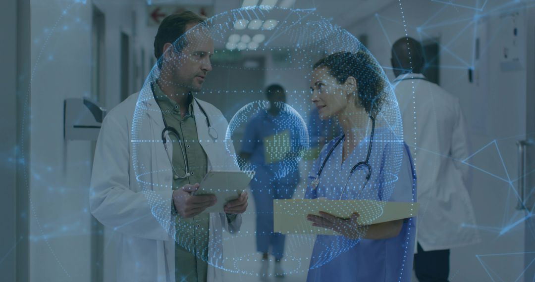 Doctors Analyzing Medical Data Through Digital Interface in Hospital Corridor