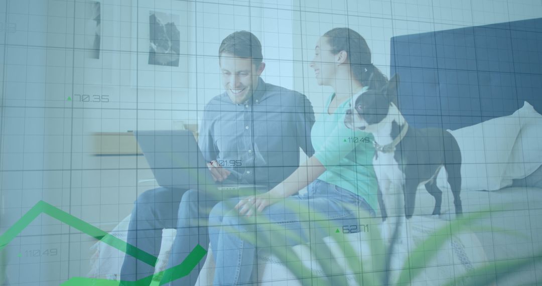 Couple Analyzing Financial Data with Pet Dog on Bed