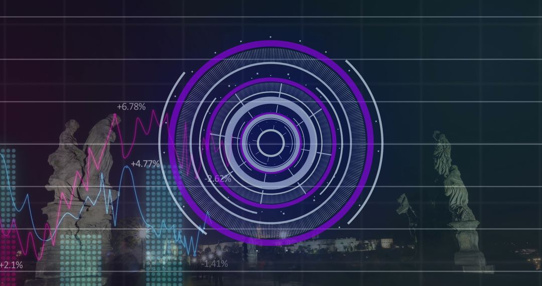 Digital Interface with Futuristic Targets over Night Cityscape