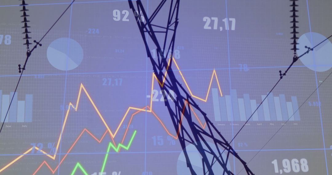 Transmission Tower Silhouette Over Data Visualization Screen