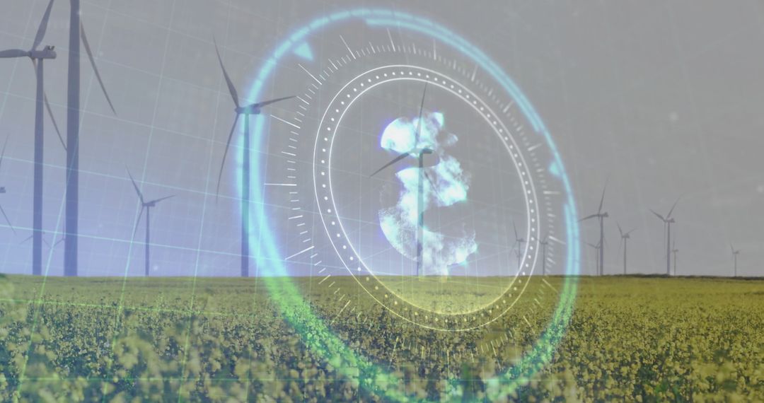 Futuristic Interface Overlay with Wind Farm and Crop Field
