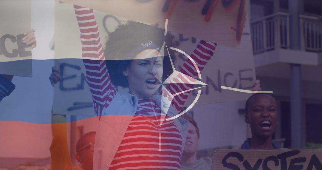 Protesters' Faces Overlain with Russian and NATO Flags