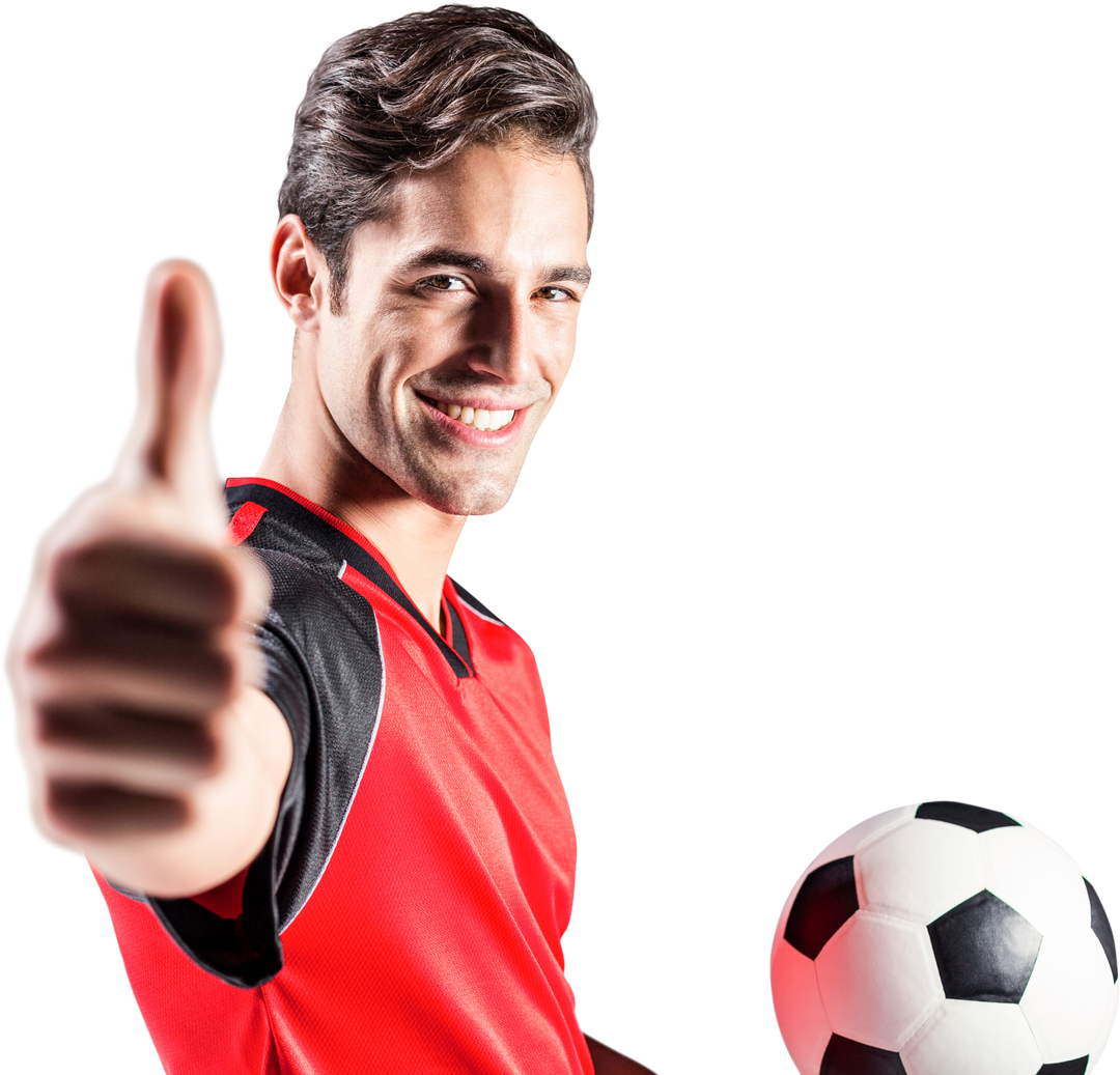 Happy Male Soccer Player Giving Thumbs Up with Ball on Transparent Background - Download Free Stock Images Pikwizard.com