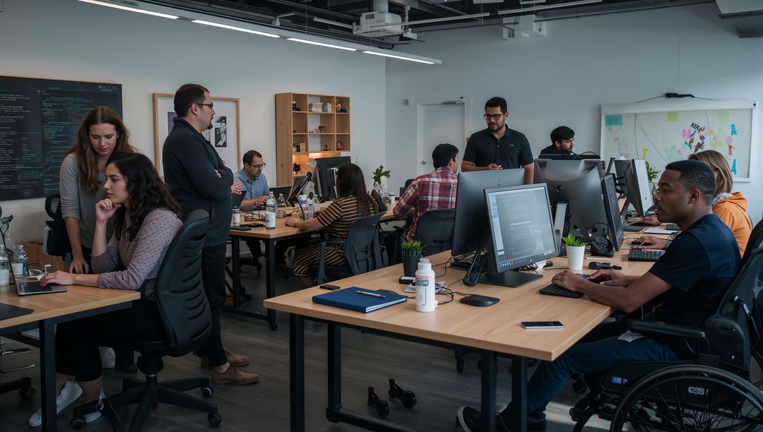 Diverse Team in Modern Open-Plan Office Collaborating on Projects