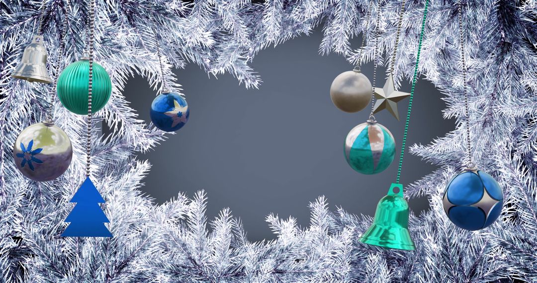 Festive Ornaments on Frosted Pine Branches