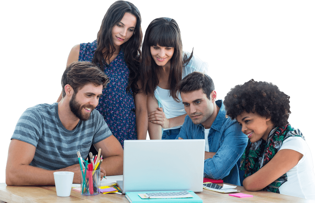 Diverse Business Team Collaborating at Laptop, Transparent Background