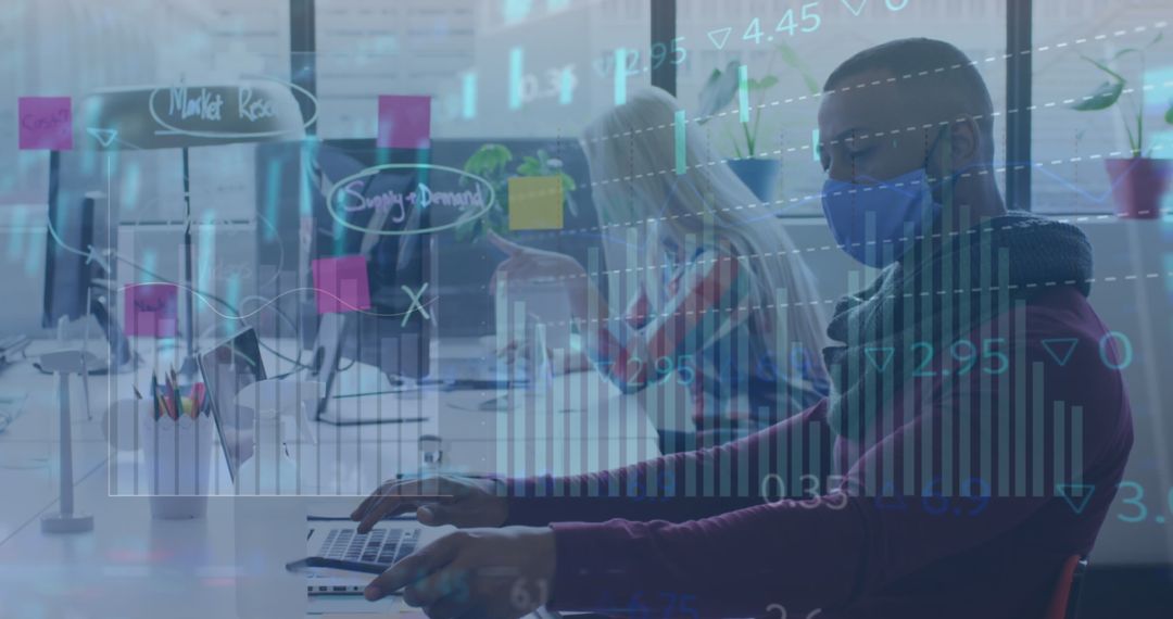 Masked Professionals Analyzing Data in Modern Office