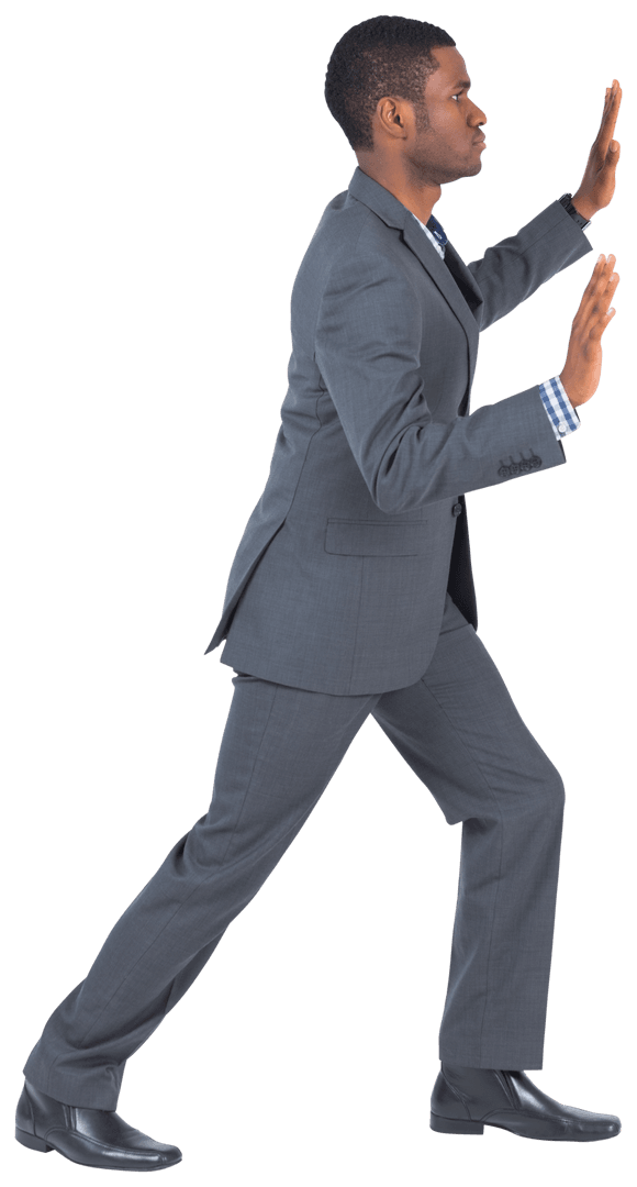 Businessman Pushing against Invisible Wall Transparent Background Full Body
