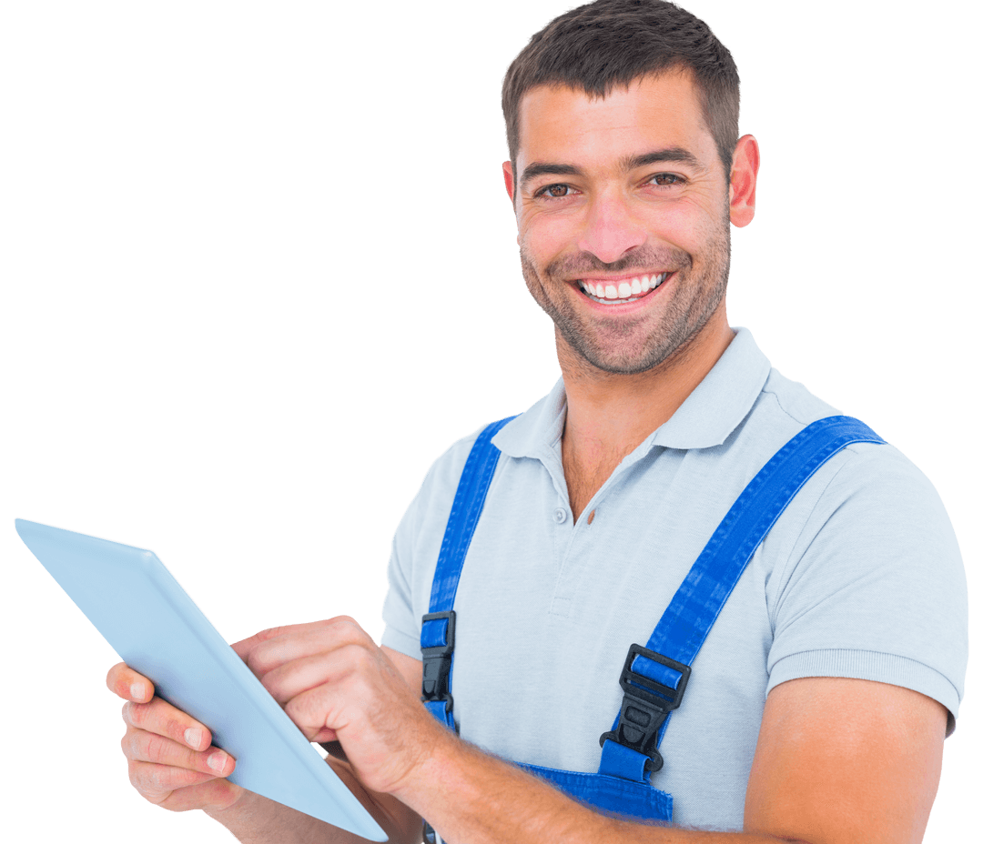Happy Repairman Using Tablet Transparent Background
