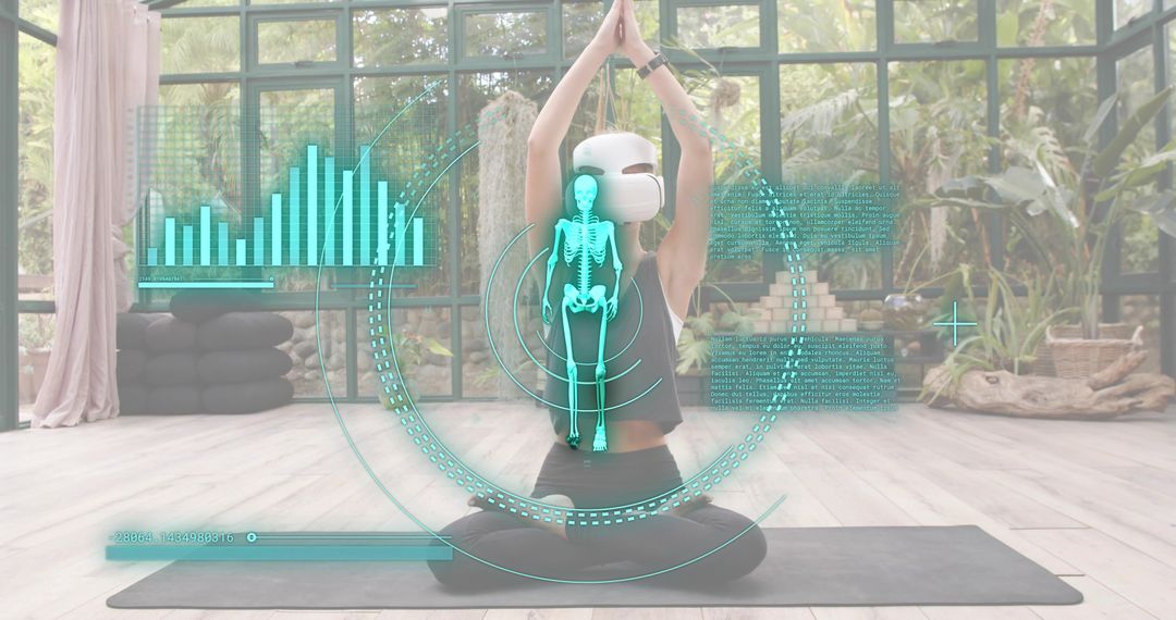 Woman Practicing VR Yoga with Augmented Reality Health Overlay in Glass Studio