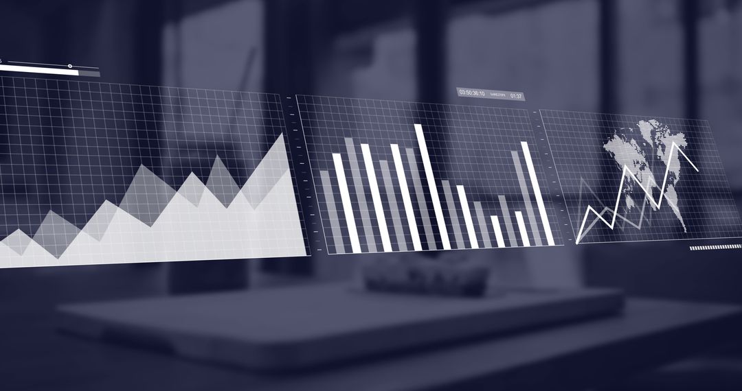 Digital Data Charts Displayed Over Modern Office Workspace