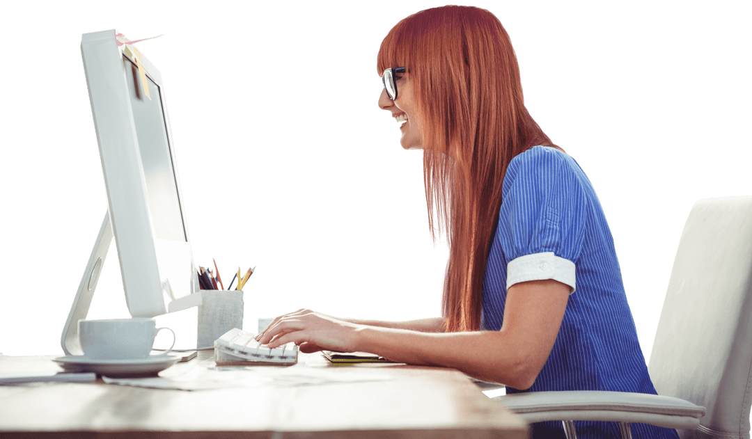 Smiling Stylish Woman Typing at Transparent Desk in Office