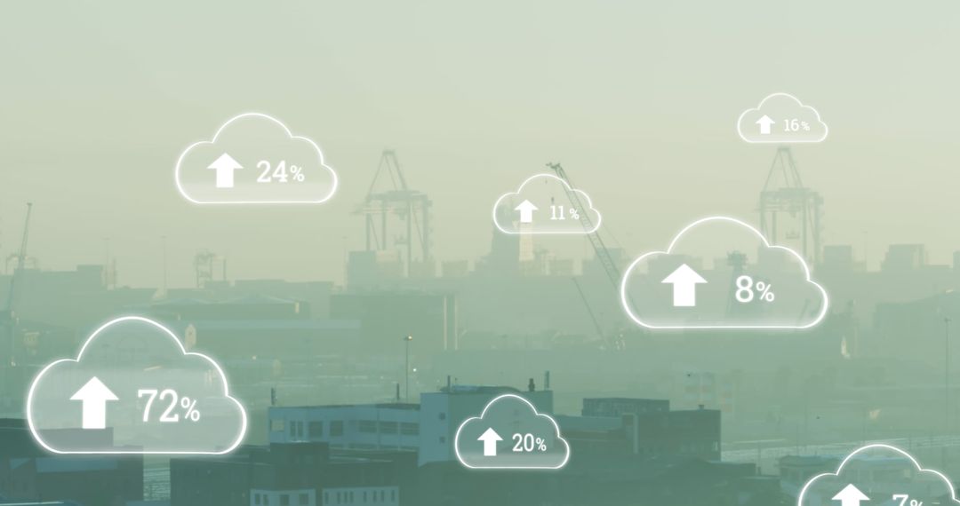 Cloud Computing Icons Overlay City Harbor Scene
